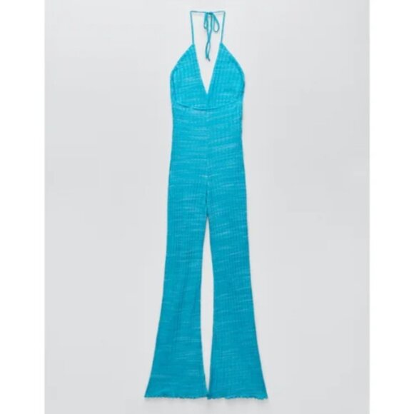 NEW ZARA Turquoise Ribbed Knit Bell-Leg Cotton Blend Jumpsuit/Overall- Blog Fav - Picture 12 of 16